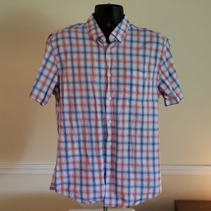 Tattersall Mens Short Sleeve Shirt Red White & Blue Collared Button Down Large